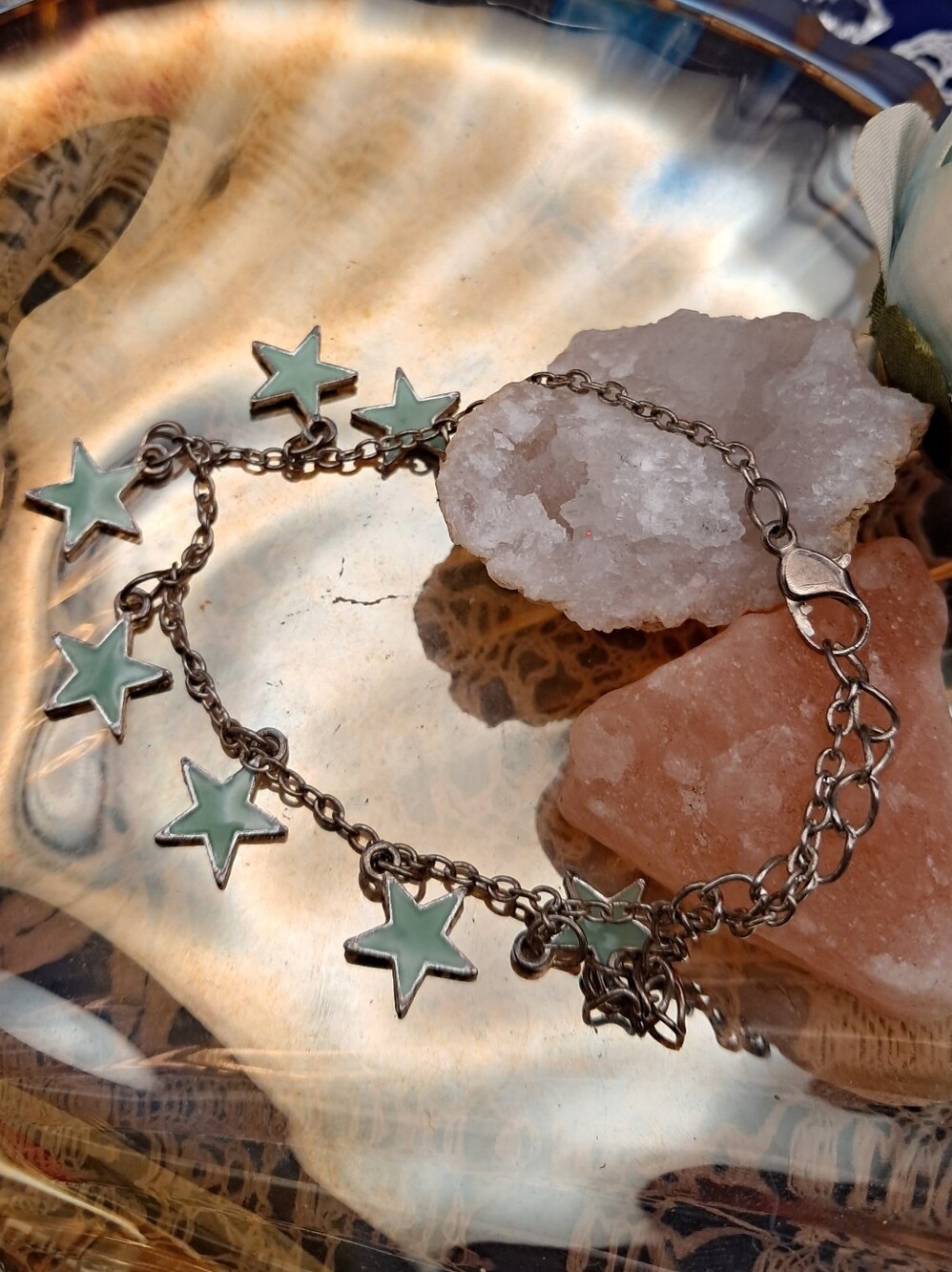 Mint Green Enamel Star Charm Bracelet / Anklet (Silvertone)